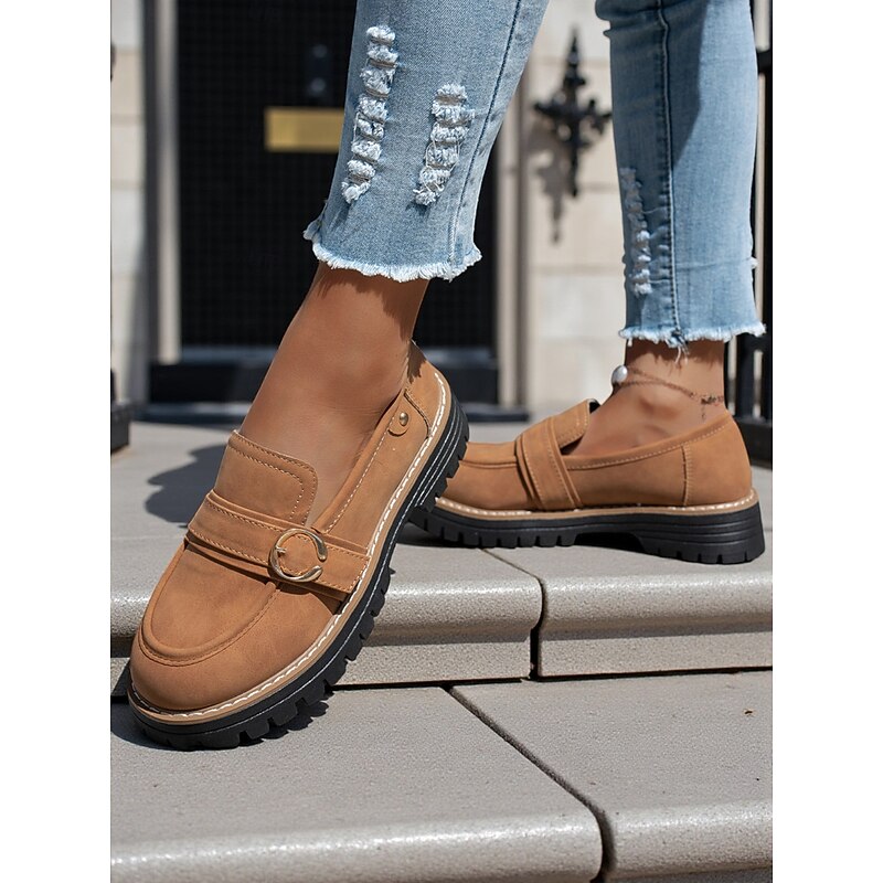 Women's Beige Suede Lug Sole Loafers – Casual Slip-On Platform Shoes with Gold Buckle for Work, Travel, and Weekend Outfits4