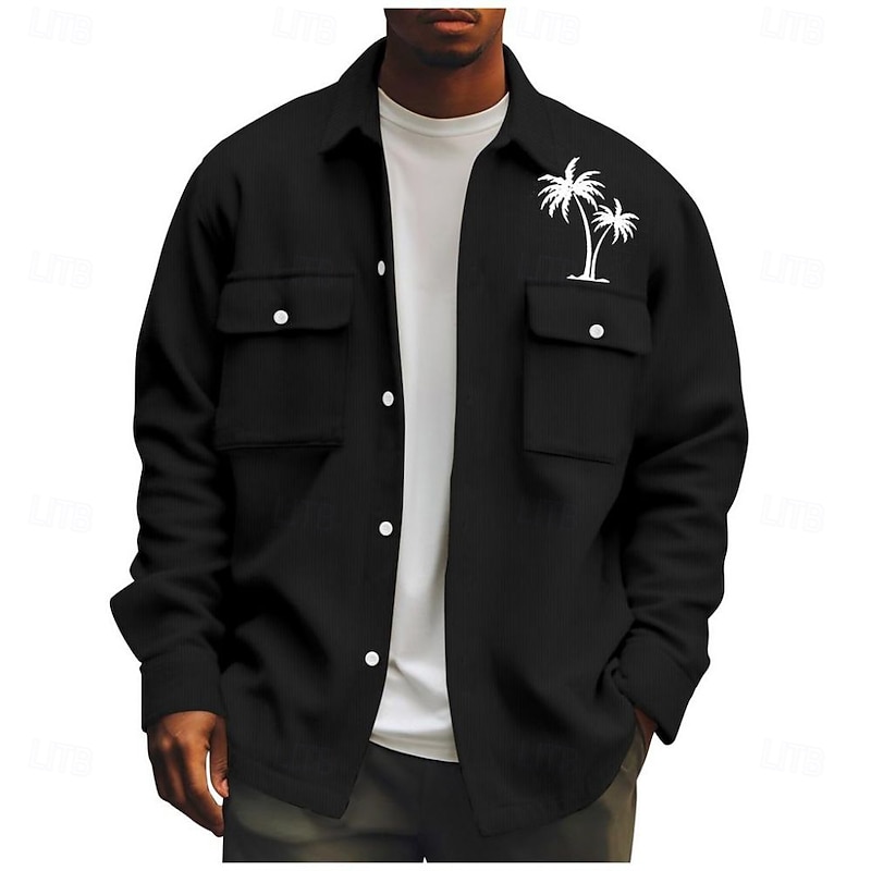 Men's Coconut Tree Corduroy Shirt Shacket Shirt Jacket Long Sleeve Casual Outdoor Dailywear Fall Winter Turndown Button-Down Warm Jacket with Flap Pockets Black White Green3