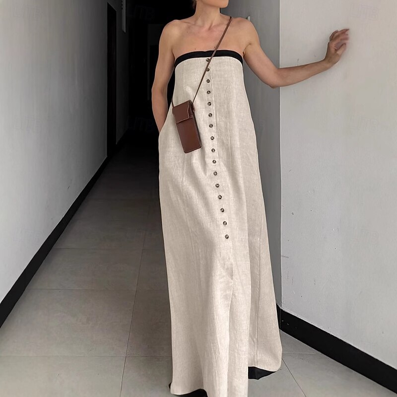 Women's Linen Cotton Maxi Dress Sundress A Line Dress Off The Shoulder Dress Vacation Birthday Casual Party Beach Standard Fit Solid Color Graphic Sleeveless Strapless khaki Summer Spring Fall