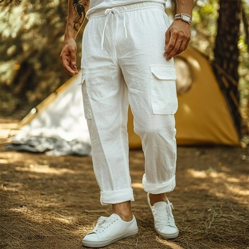 Men's Cargo Pants Trousers Summer Pants Beach Pants Gauze Pants Drawstring Elastic Waist Multi Pocket Plain Comfort Soft Full Length Outdoor Casual Daily Vacation Fashion Black White Inelastic
