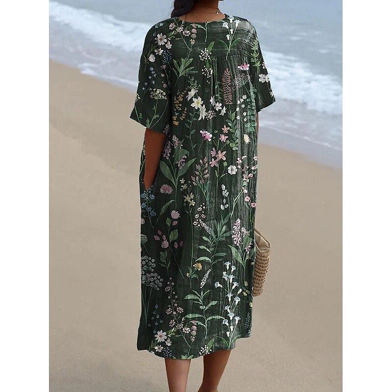 Women's Midi Dress Sundress A Line Dress Vacation Casual Beach Party Going out Beach Loose Fit Floral Graphic Leaf Short Sleeve V Neck Deep Green Green Summer Spring4
