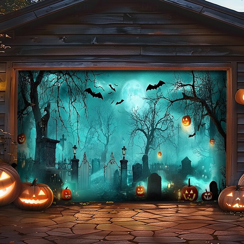 Halloween Garage Door Cover – Haunted Graveyard with Ghosts & Full Moon, Spooky Outdoor Decoration for 2025 Halloween Home Front Yard - Main Image