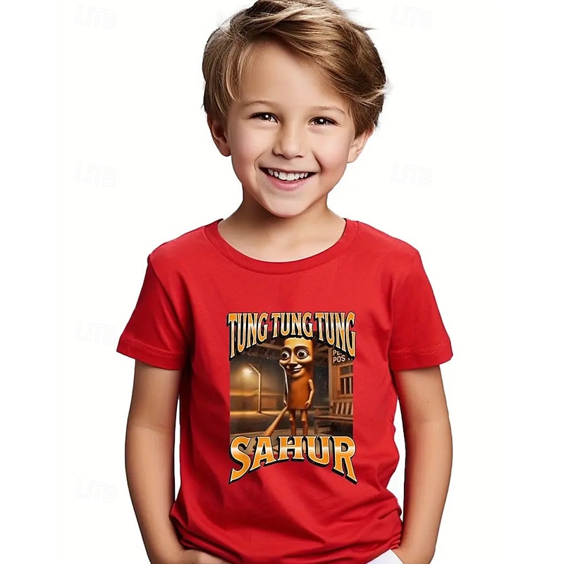 Boys' Blue T-Shirt with Cartoon Character Print - Tung Tung Tung Sahur Design Short Sleeve Summer Spring Fashion Basic Kids 4-12 Years Crew Neck Outdoor Casual Daily Regular Fit