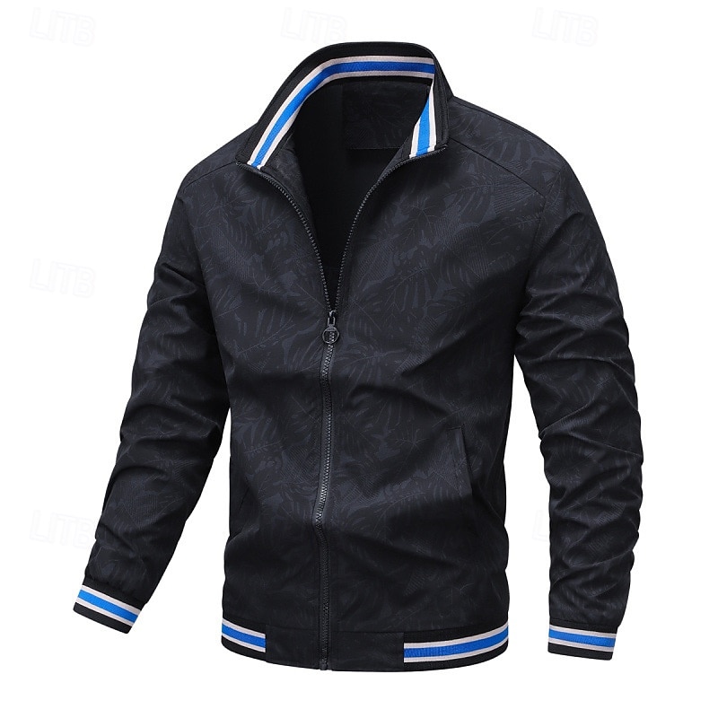 Men's Lightweight Jacket Casual Jacket Vacation Daily Pocket Spring Fall Print Fashion Classic Stand Collar Regular Black Dark Blue Jacket