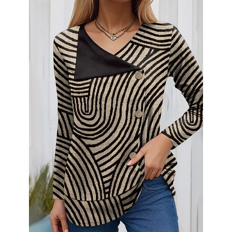 Women's Blouse Tunic V Neck Long Sleeve Buttons Graphic Geometric Fashion Casual Regular Tops Daily Patchwork Print Black Light Brown Khaki Spring Fall Winter4