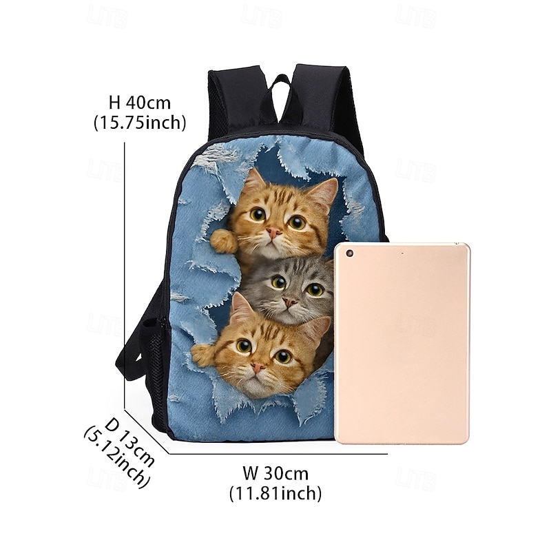 Cute cat print backpack for kids and teens - Denim style, Double layer design, Large capacity, Suitable for school or travel4