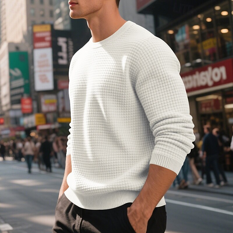 Men's Sweatshirt Black White Army Green Khaki Dark Gray Crew Neck Plain Jacquard Ribbed Textured Knit-texture Sports & Outdoor Daily Holiday Polyester Streetwear Basic Casual Spring Fall Clothing4