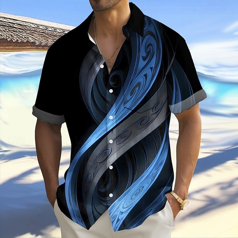 Men's Gradient Waves Shirt Summer Shirt Button Up Shirt Short Sleeve Fashion Casual Outdoor Vacation Dailywear Summer Spring Turndown 3D Print Collared Shirts Front One Pocket Black 1# Black