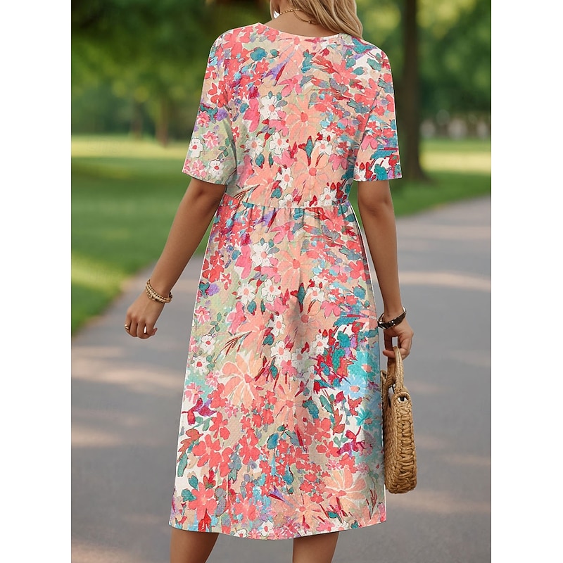 Women's Midi Dress Knit Dress Casual Dress Sundress A Line Dress Vacation Casual Beach Holiday Regular Fit Floral Graphic Short Sleeve Crew Neck Black Red Orange Beige Summer Spring2