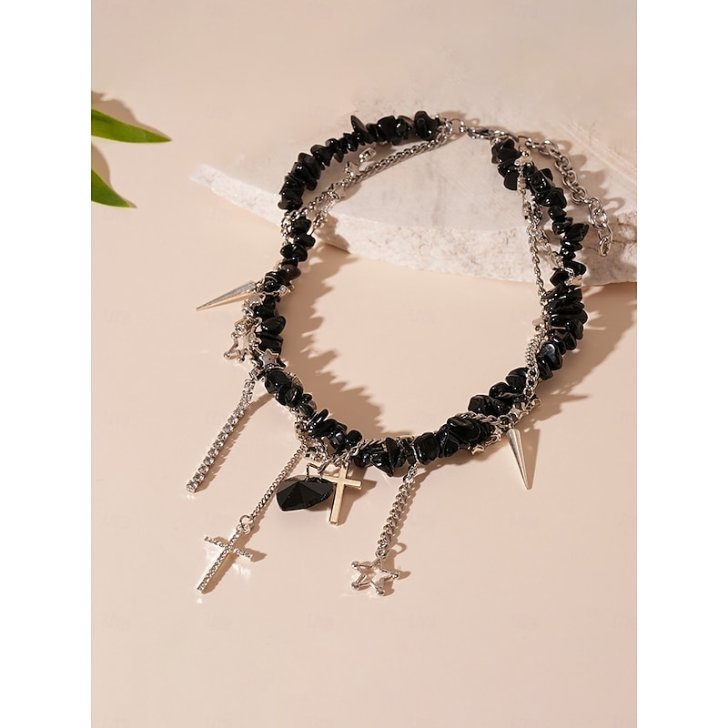 Women's Punk Gothic Black Stone Choker Necklace with Cross, Heart and Star Charms - Statement Jewelry for Party, Club and Night Out3