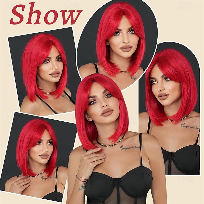 Red Bob Short Straight Wig with Curtain Bang 14 Inch Synthetic Heat Resistant Wig for Women Halloween Cosplay Party Wig for Daily used4