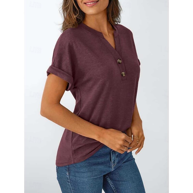 Women's Texture Blouse T Shirt Plain Fashion Modern Short Sleeve V Neck Regular Tops Daily Buttons Wine Summer4