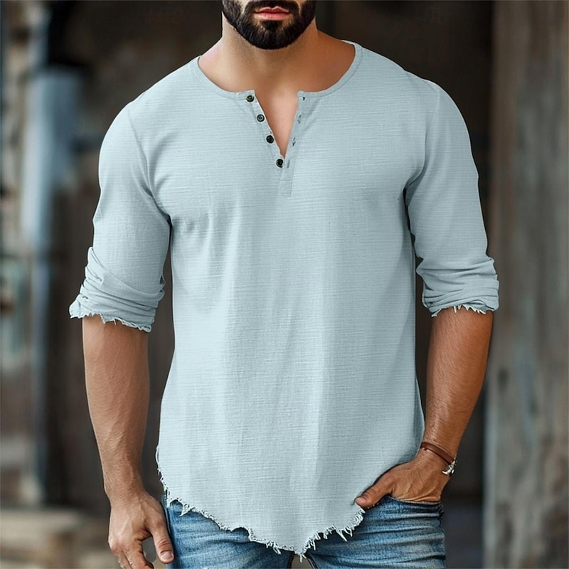 Men's Cotton Linen Shirt Henley Shirt Tee Henley Top Long Sleeve Solid Color Plain Solid Fashion Designer Casual Color Block Buttons Henley Outdoor Casual Daily Summer All Seasons White Pink Light
