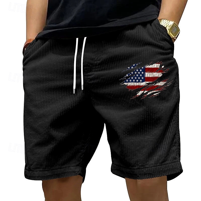 Men's Shorts Summer Shorts Casual Shorts Corduroy Shorts Pocket Elastic Waist Drawstring National Flag Comfort Breathable Short Outdoor Vacation Sport Casual Black White3