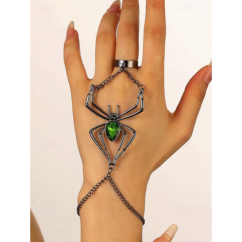 Women's Halloween Spider Hand Chain Bracelet with Green Gem – Gothic Alloy Jewelry for Costume Parties, Cosplay & Spooky Events