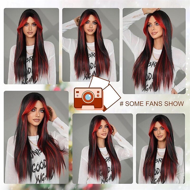 31in Ombre Red Black Long Straight Highlight Wigs with Curtain Bangs Natural Heat Resistant Synthetic Fiber Layered Highlight Midlle Part Women Wigs for Chrismas Daily Party Daily Used3
