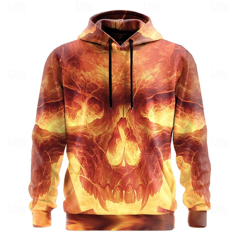 Halloween Men's Skull Hellfire Flames 3D Flame Hoodies Sweatshirt Punk Exaggerated Long Sleeve Crew Neck Club Streetwear Yellow Blue Drawstring Fall Winter Designer