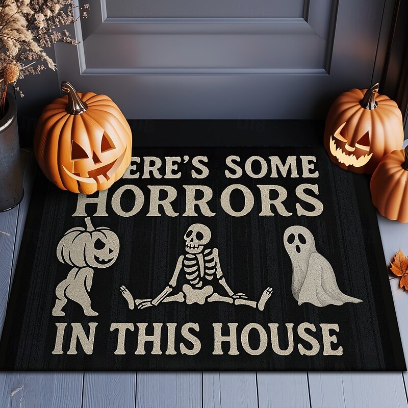 Halloween Indoor Outdoor Doormat Kitchen Mat "There's Some Horrors in This House" Funny Quote, Non-Slip Front Door Mat for Porch, Entryway, Patio, Bedroom, Bathroom and 2025 Halloween Home Decoration2