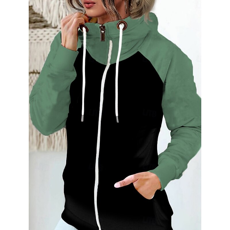 Women's Pullover Hoodie Sweatshirt Color Block Casual Long Sleeve Hooded Regular Tops Street Dailywear Zipper Pocket White Red Khaki Army Green Fall Winter