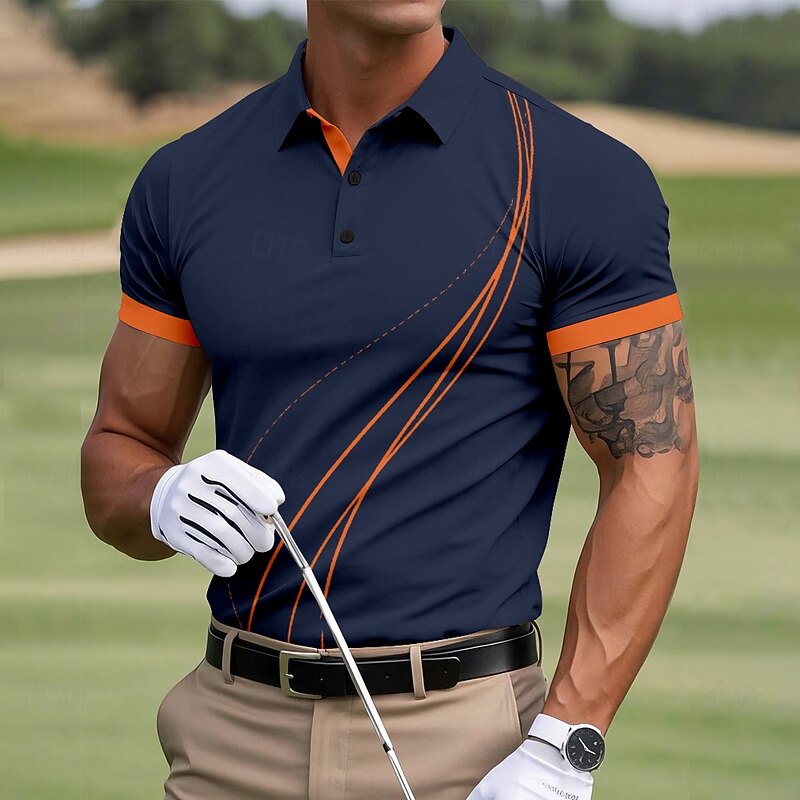 Men's Golf Line Polo Sports Polo Shirts Short Sleeve Polo Shirts Collared Shirts Sportswear Casual Outdoor Athleisure Buttons Summer Black Yellow Red