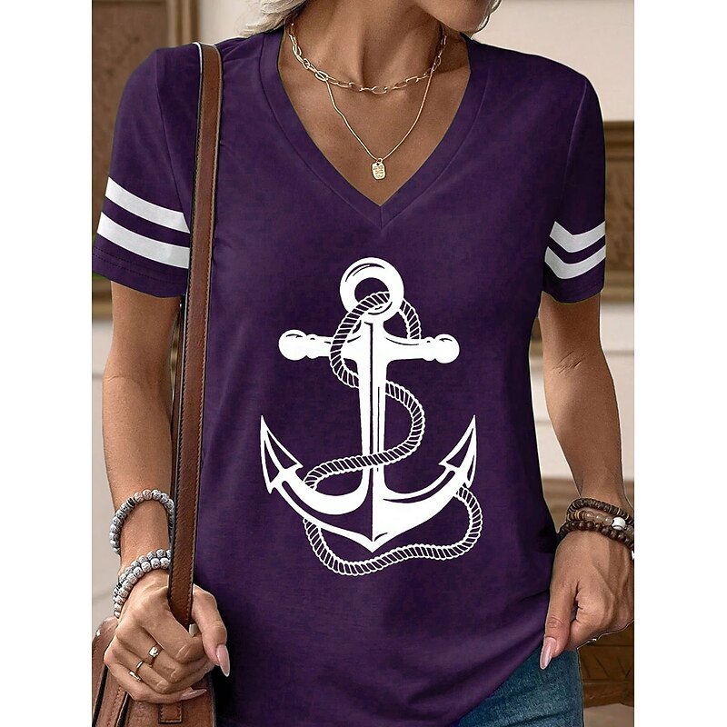 Women's T Shirt Graphic Striped Vintage Stylish Classic Short Sleeve V Neck Regular Tops Daily Print Red Blue Purple Orange Green Summer Spring4