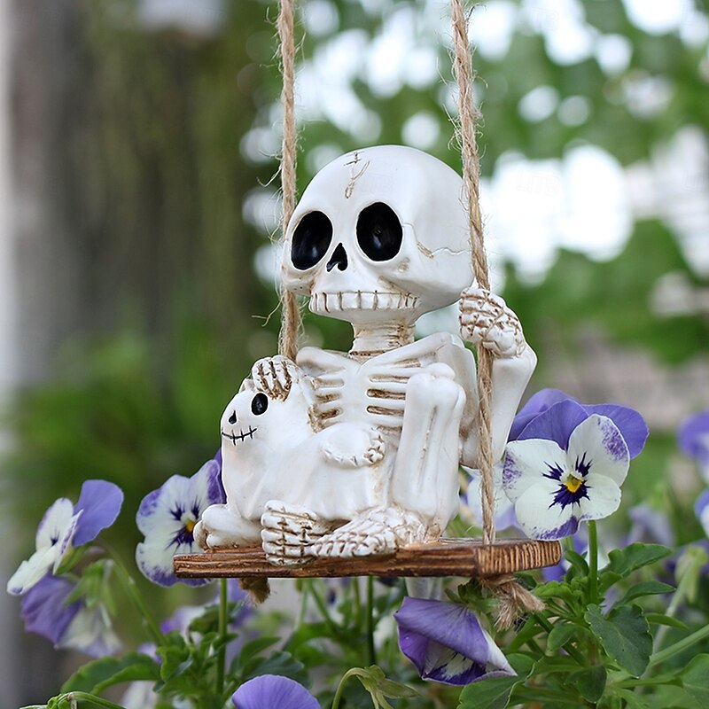Halloween Skeleton Cat Swing Hanging Pendant with Hanging Rope Resin Funny Outdoor Decoration for Garden, Patio, Home, Office4