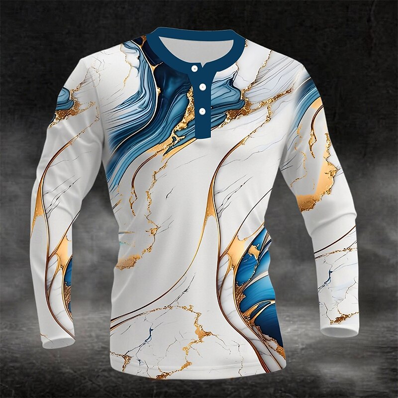 Men's 3D Print Marble Henley Shirt Long Sleeve Fashion Cute Daily Casual Holiday Going out Spring &  Fall All Seasons Black Blue Coffee Green Burgundy Henley Henley T-Shirt