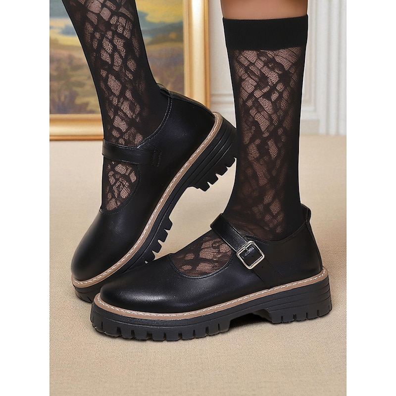 Women's Black Chunky Mary Jane Flats with Buckle Strap - Faux Leather Platform Shoes for Teens and Ladies, Ideal for School, Streetwear, and Autumn Outfits3