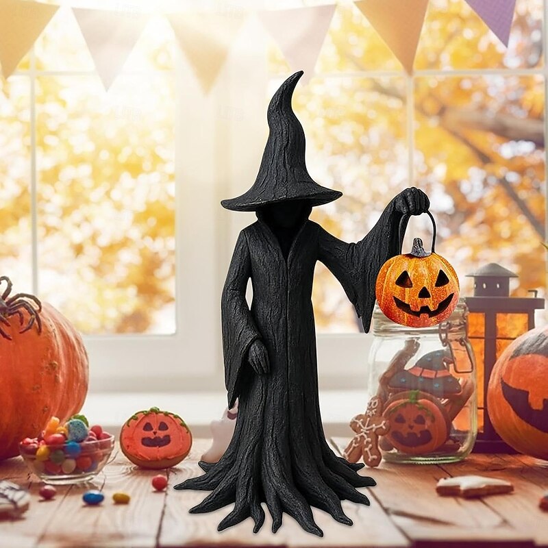 Halloween Witch Statue Resin Witch Mysterious Statue Ornament Gothic Witch Holding Pumpkin Figure Home Decor for Bedroom Living Room Kitchen Desktop2