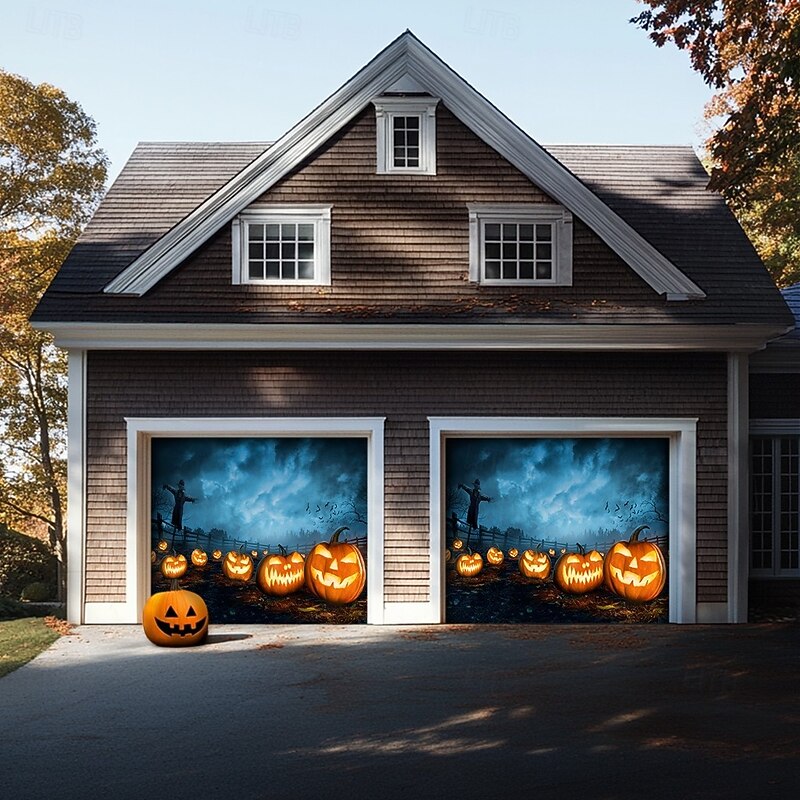 Halloween Garage Door Cover Banner Backdrop – Haunted Pumpkin Patch under Moonlight, Oversized Outdoor Decoration, Easy-Hang Design for 2025 Halloween Outdoor Decoration4