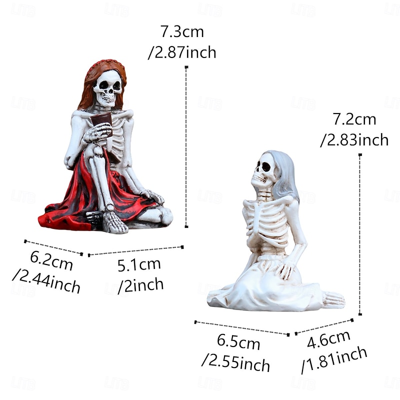 2PCS Halloween Resin Chatting Skeleton Girl Figurines Set, Spooky Outdoor Yard Planter Balcony and Desktop Decorations, Halloween Home Decor Ornaments4