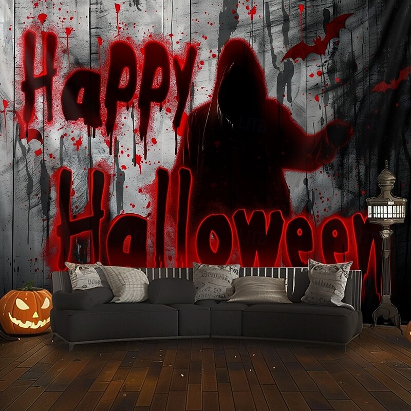 Halloween Horror Wall Tapestry – Shadow Figure with 'Happy Halloween' Blood Red Lettering, Creepy Path Scene, Gothic Backdrop for 2025 Halloween Living Room, Bedroom, Haunted House Decoration3