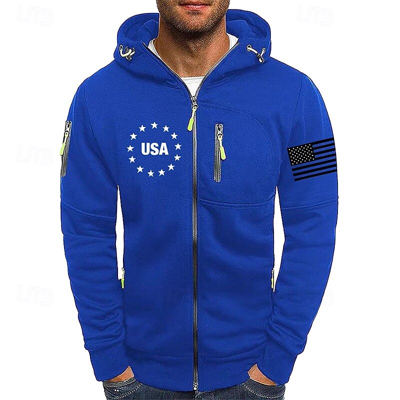 Men's Hoodie Full Zip Hoodie Wine Army Green Blue Green Khaki Hooded National Flag Sports & Outdoor Daily Holiday Polyester Streetwear Basic Casual Spring Autumn / Fall Clothing Apparel Hoodies4