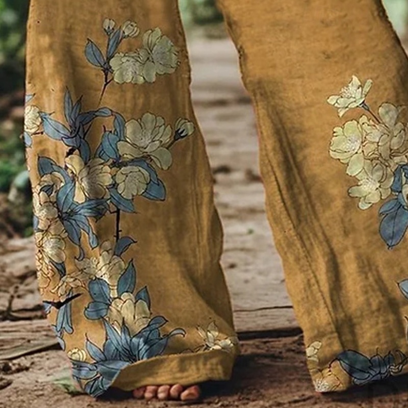Women's Wide Leg Pants Trousers Palazzo Pants Vintage Boho Full Length High Waist Flower Elastic Waist Printing Breathability Comfortable Street Daily Wear Going out Yellow Spring Fall Regular Fit3