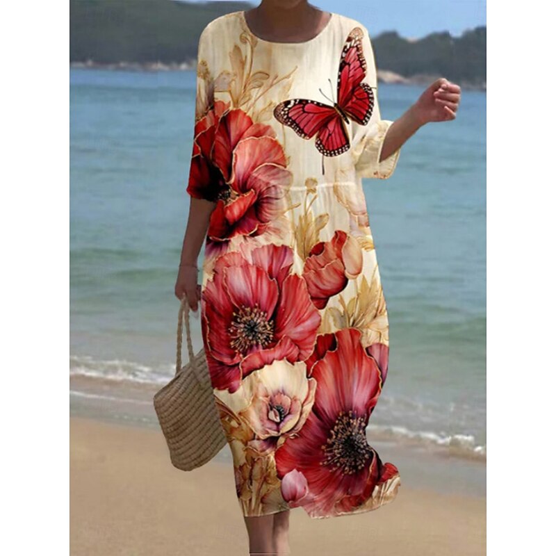 Women's Midi Dress Casual Dress Print Dress Fashion Modern Daily Beach Weekend Regular Fit Floral 3/4 Length Sleeve Crew Neck White Yellow Royal Blue Khaki Spring Fall Autumn