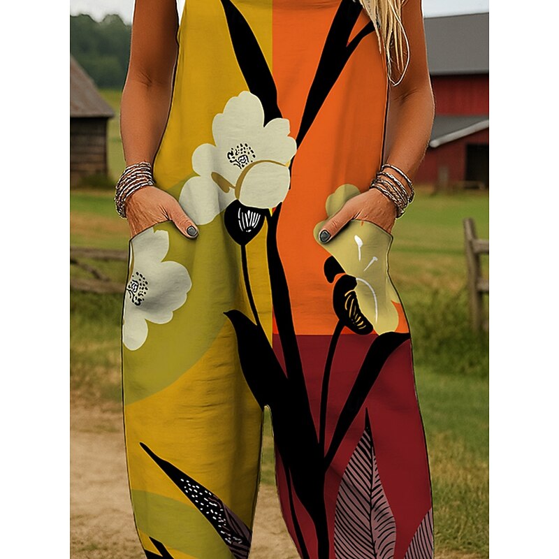 Women's Dungarees Active Floral Sleeveless Harem Drawstring with Pocket Vacation Street Loose Fit Yellow Red Blue Summer3