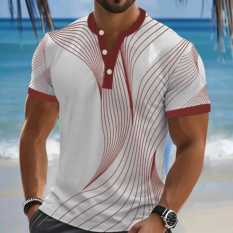Men's Abstract Geometrical T Shirt Henley Shirt Short Sleeve Designer Retro Vintage Casual Street Casual Daily Summer Spring Lake blue Black Red Navy Blue Henley Henley T-Shirt3