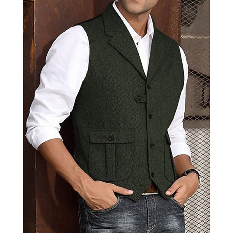 Men's Vest Waistcoat Gilet Vacation Party Business Fashion Casual Summer Spring Pocket Buttons Polyester Comfortable Plain Single Breasted One-button Lapel Regular Fit Navy Blue Dark Green Coffee Gray4