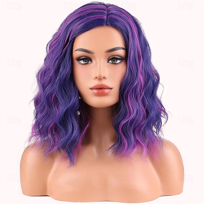 Blue Mixed Pink Wigs for Women Girls Pink and Blue Side Part Short Curly Wavy Wig Shoulder Length Body Wave Halloween Cosplay Daily Party Wigs