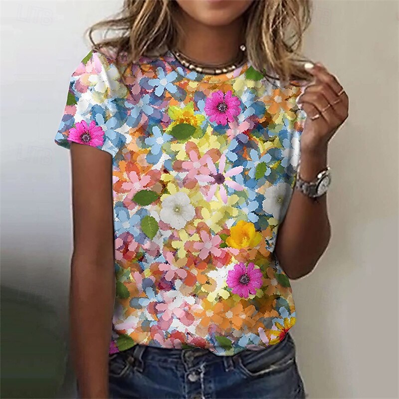 Women's T Shirt Floral Fashion Modern Short Sleeve Crew Neck Regular Tops Daily Print Yellow Pink Gray Summer