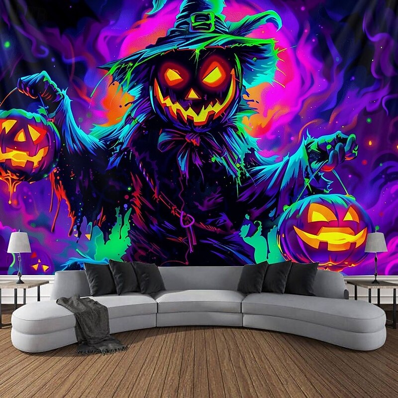 Halloween Blacklight Wall Tapestry – UV Reactive Evil Pumpkin with Glowing Jack-o'-Lantern, Neon Colors Spooky Field Scene, Glow in the Dark Horror Backdrop for 2025 Halloween Party Decoration3