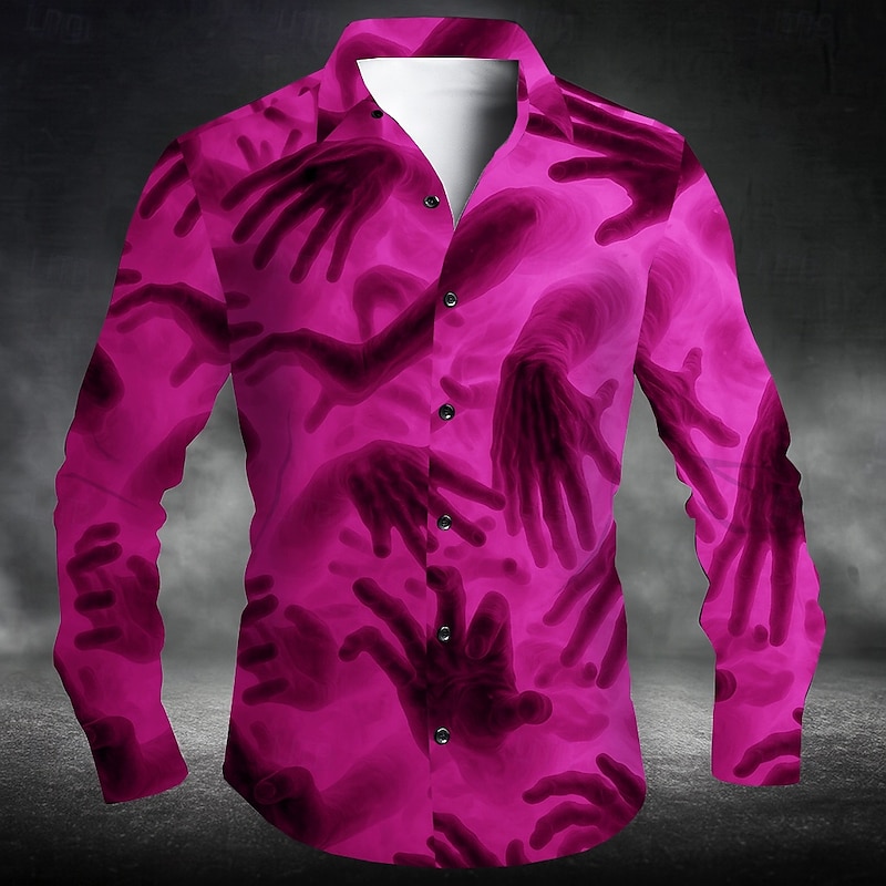 Men's Unique Unusual Hand Halloween Costumes Shirt Button Up Shirt Long Sleeve Dark Punk Gothic Style Vacation Daily Streetwear Summer Spring Turndown 3D Print Collared Shirts Red Blue Purple Green3