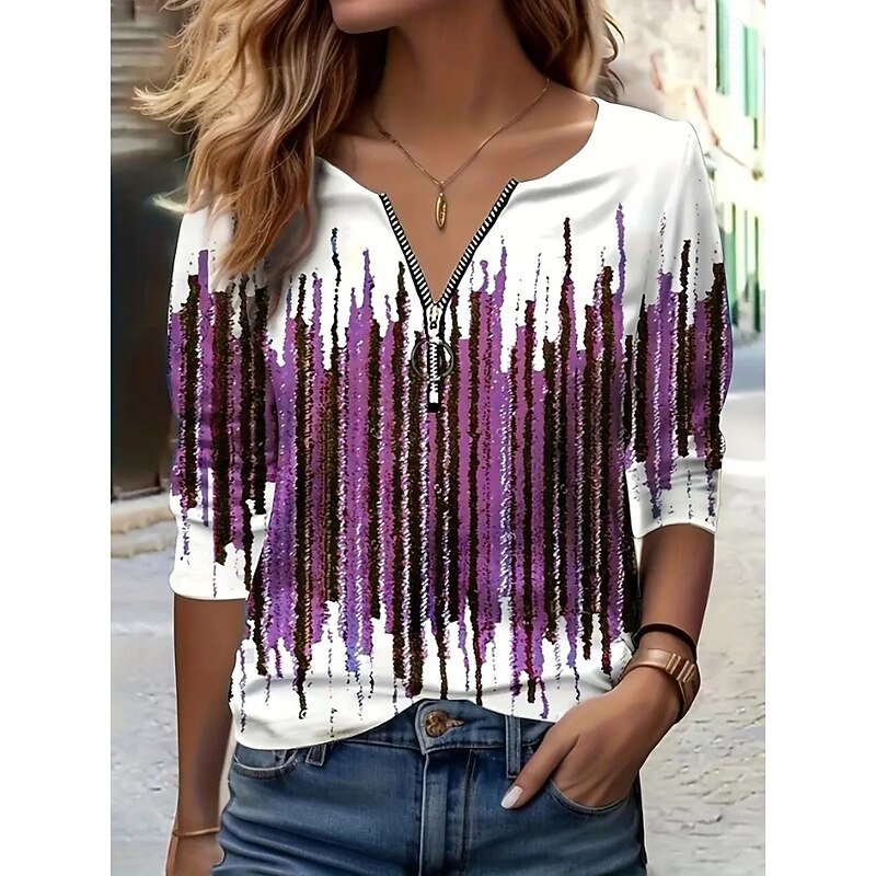 Women's T Shirt Quarter Zip Long Sleeve Casual Graphic Geometric Abstract Vintage Modern V Neck Regular Tops Daily Blue Purple Green Spring Fall4