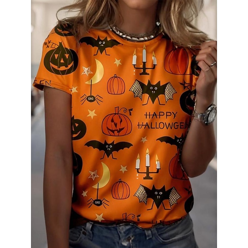 Halloween Women's T shirt Pumpkin Floral Graphic Skull Vintage Stylish Classic Short Sleeve Crew Neck Round Neck Regular Tops Daily Weekend Print Black White Red Orange Brown Summer Fall
