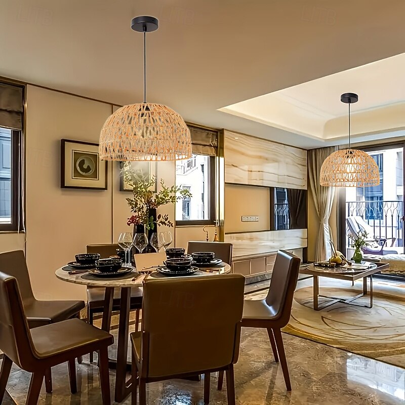 Country Vintage Dome-Shaped Rattan Pendant Light, Hand-Woven Braided Rope, Warm White/White Light, E26/E27, Adjustable Chain3