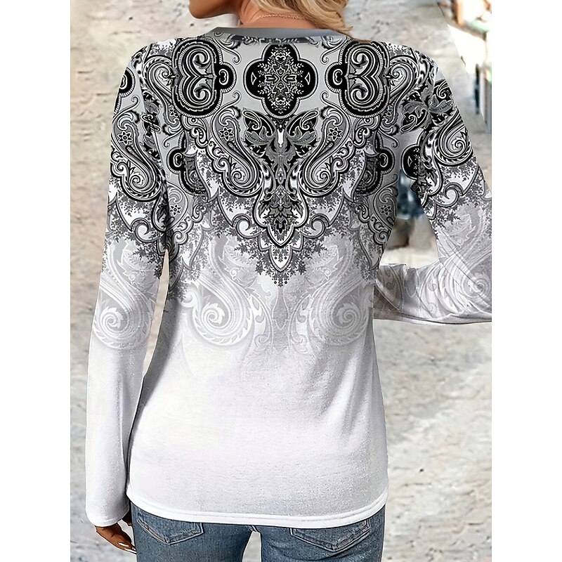 Women's T Shirt V Neck Long Sleeve Tunic Graphic Geometry Vintage Stylish Casual Regular Tops Daily Print Red Blue Purple Green Gray Spring Fall2