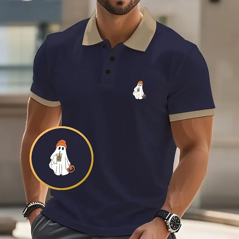 Halloween Men's Monster Polo Short Sleeve Polo Shirts Collared Shirts Casual Horror Dark Athleisure Festival Outfit Buttons Summer Black Pink Navy Blue