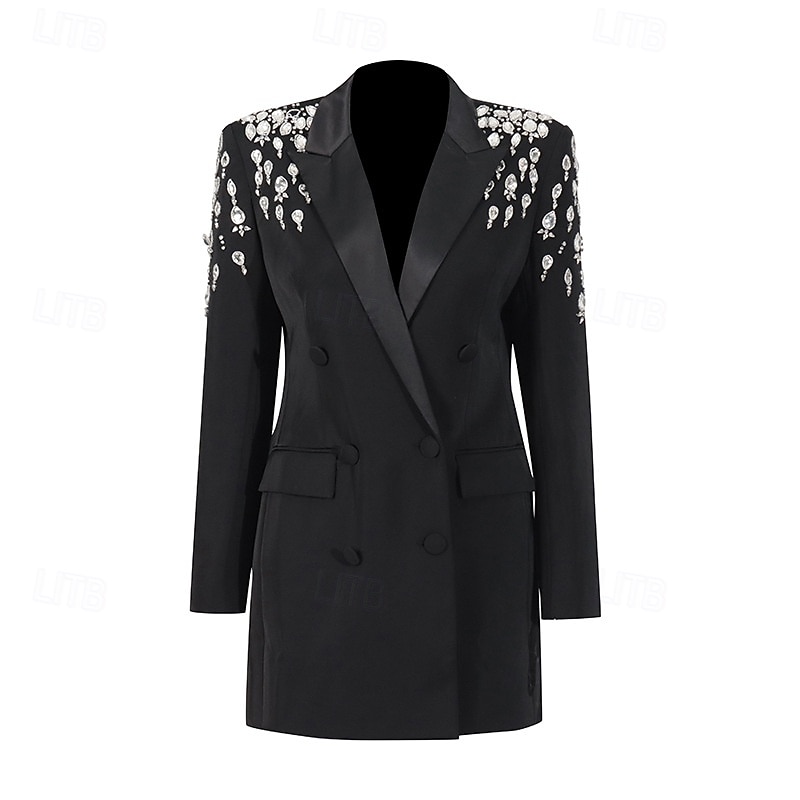 Women's Blazer Sport Coat Formal Wedding Guest Rhinestones Elegant Long Sleeve Peak Lapel Double Breasted2