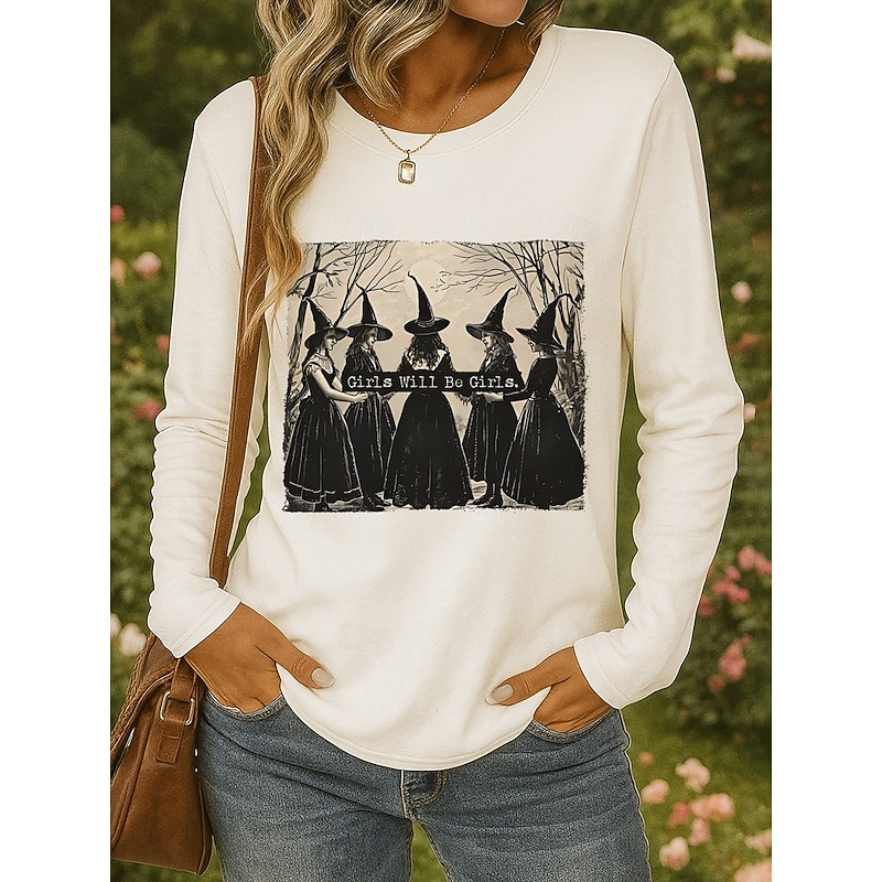 Halloween Women's T shirt Witch Long Sleeve Crew Neck Long Sleeve Tunic Graphic Letter Vintage Stylish Classic Round Neck Tops Daily Weekend Print Black Red Blue Purple Green Spring Fall Prefall