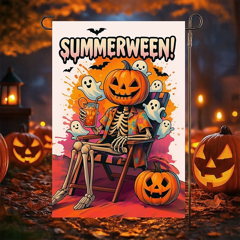 Halloween Garden Flag Banner – "Summerween" Sitting Skeleton with Pumpkin, Double-Sided Weather-Resistant Yard Flag for 2025 Halloween Holiday Outdoor Lawn, Porch Decoration4